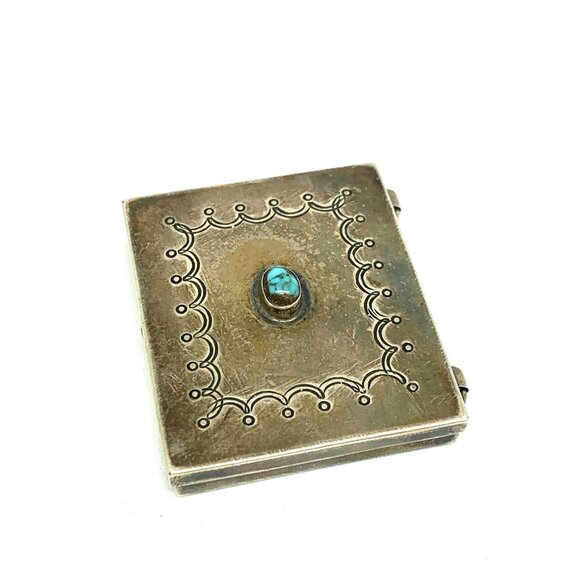 Dutch Box Antique Silver Trinket Pillbox Snuff Turquoise Engraved 1.8x1.5'' - Picture 2 of 12